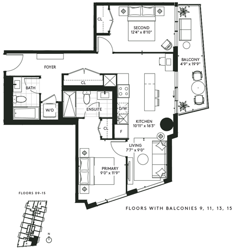 Floor plan for 2 beds, 2 baths, 850 sqft
